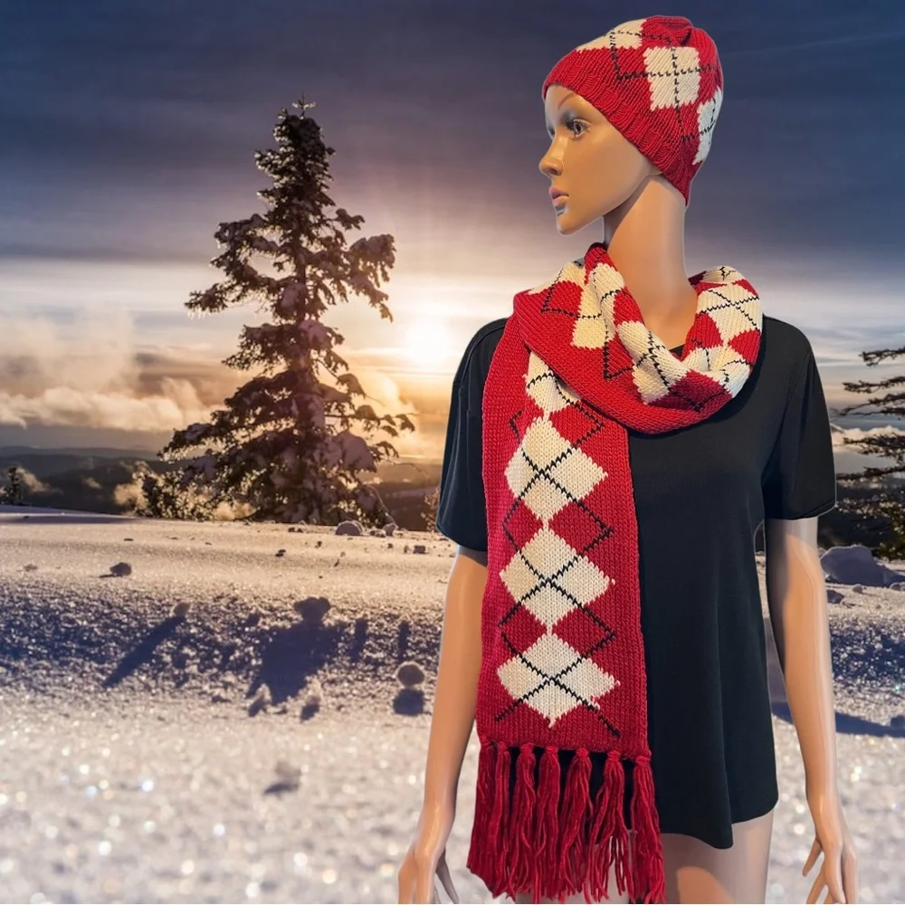 New York & Company Beanie Hat and Matching Scarf 2pc set, Red White Black | OS - Picture 3 of 13